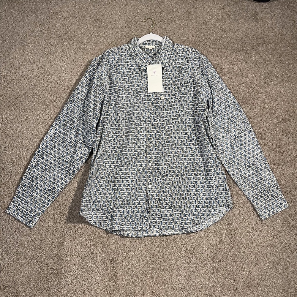NEW Anokhi Men's Shirt Button Up Paisley Casual Long Sleeve XL Blue/Green/White